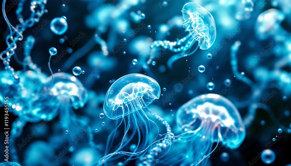 Fototapeta premium Blue jellyfish-like microbes, DNA strands, and bioluminescent creatures in a detailed cyan 3D underwater scene
