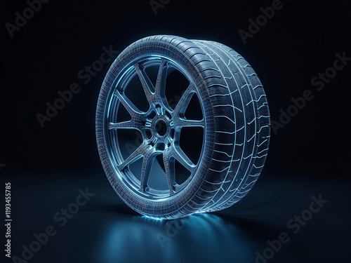 Sports car tyre with alloy wheels in blue digital wireframes