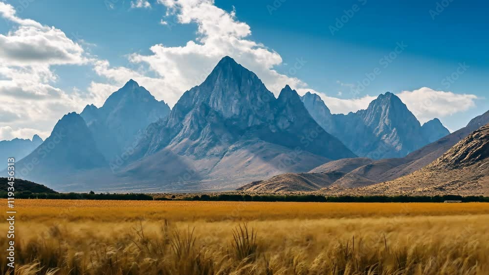 Majestic Mountain Range Overlooking Golden Field Majestic Mountain Range Overlooking Golden Field