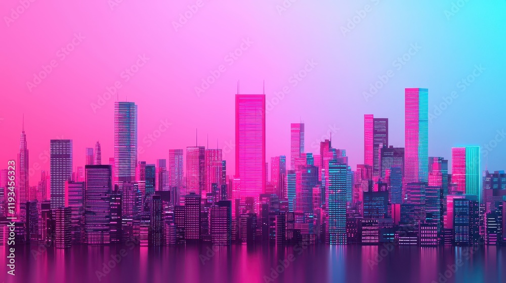 A vibrant city skyline with futuristic architecture, illuminated in pink and blue hues, reflecting beautifully in the water. A vibrant city skyline with futuristic architecture, illuminated in pink and blue hues, reflecting beautifully in the water.