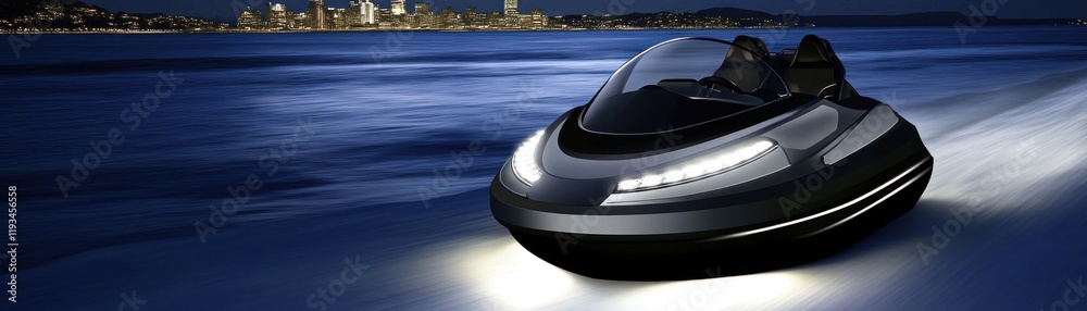 Futuristic hovercraft speeding on water, city skyline backdrop, transport advert Futuristic hovercraft speeding on water, city skyline backdrop, transport advert