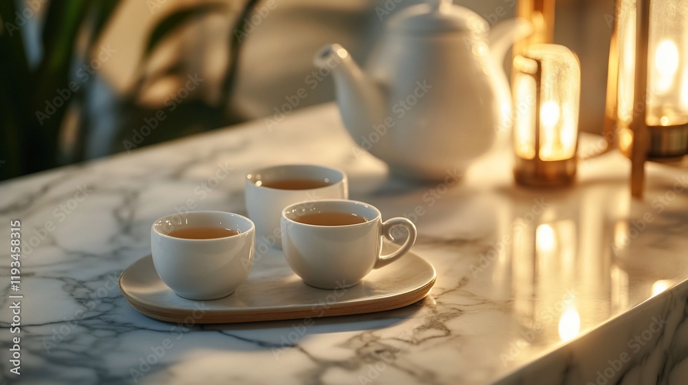 Three Tea Cups Teapot On Marble Tabletop Three Tea Cups Teapot On Marble Tabletop