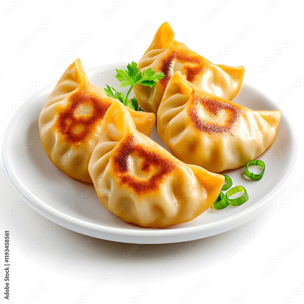 Four dumplings with a green herb on top Four dumplings with a green herb on top