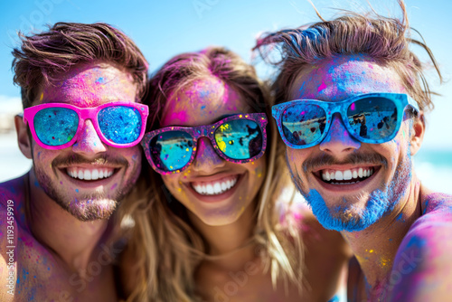 Three people with colorful paint on their faces and sunglasses smile on a sunny beach. Concept of joy, celebration, friendship. For a summer party theme. photo