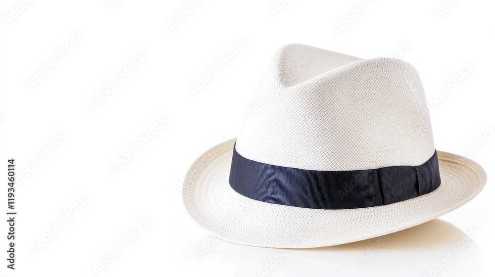 Elegant White Straw Hat with Dark Ribbon on White Background Elegant White Straw Hat with Dark Ribbon on White Background