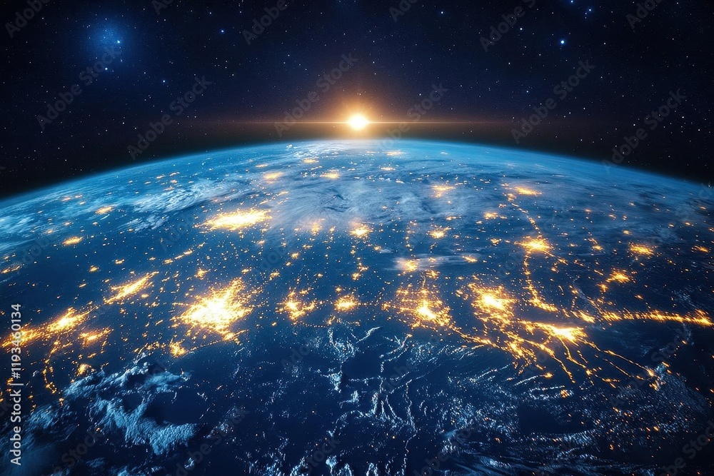 Fototapeta premium stunning view of planet earth at night from space, interconnected by a network of lights representing humanity, showcasing global unity and technological advancement