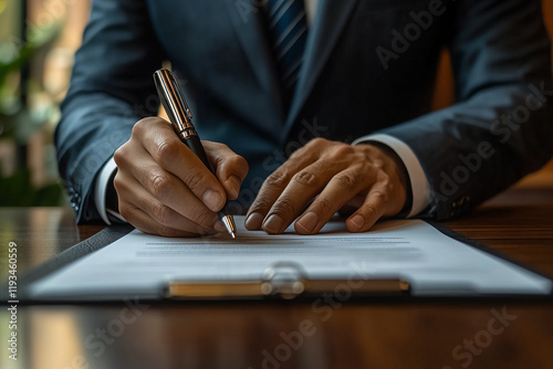 Government official approving a tender with a clean, modern background. Bright lighting, contrast