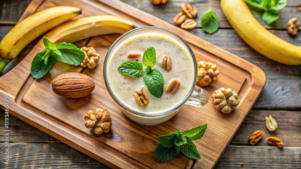 Fototapeta premium A refreshing glass of creamy banana smoothie garnished with fresh mint leaves and topped with pecan halves, surrounded by walnuts and almonds on a wooden cutting board.
