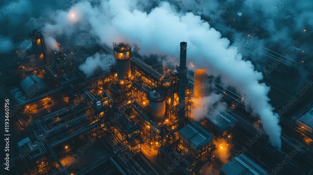 Obraz premium Aerial View of an Industrial Facility at Night Emitting Vapor and Smoke Amidst Bright Lights in a Complex Network of Machinery and Structures