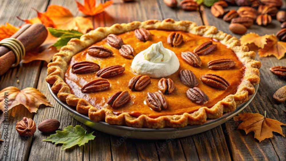 Fototapeta premium A golden-brown pumpkin pie topped with a dollop of whipped cream and pecan halves, nestled amongst autumn leaves on a rustic wooden table.