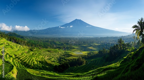 Lush Green Rice Terraces and Majestic Volcanic Mountain