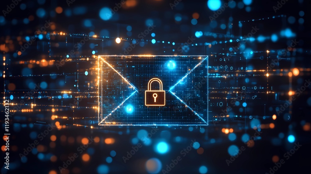 Digital envelope with padlock icon representing encrypted messaging and safe online communication, cybersecurity protection background, book illustration style Digital envelope with padlock icon representing encrypted messaging and safe online communication, cybersecurity protection background, book illustration style