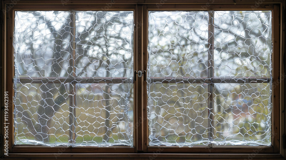 A window with a layer of bubble wrap applied to the glass, serving as a makeshift double-glazing solution. A window with a layer of bubble wrap applied to the glass, serving as a makeshift double-glazing solution.