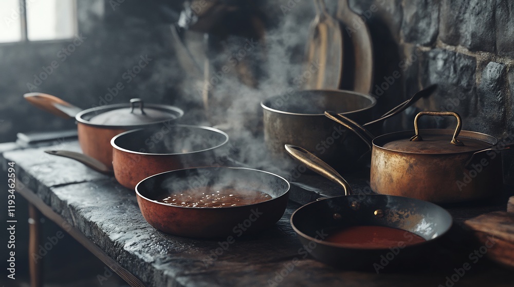 Rustic visualization of simmering sauces pots and pans emphasizing traditional cooking techniques and flavorful dishes Rustic visualization of simmering sauces pots and pans emphasizing traditional cooking techniques and flavorful dishes