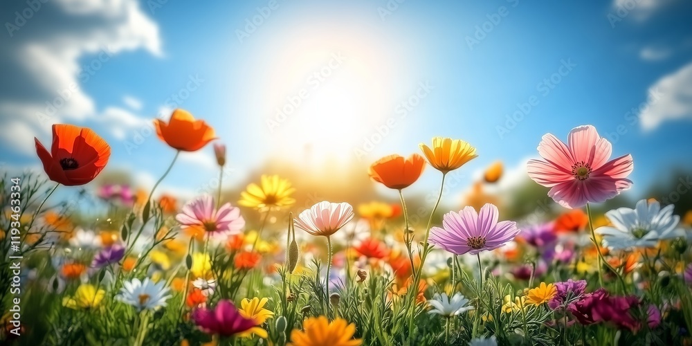 Obraz premium Colorful wildflowers blooming under a bright sun in a picturesque field during springtime