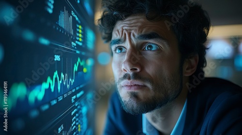 A focused image of a businessman observing a declining interest rate graph with a worried expression, visualizing the effects of an economic downturn, offering room for promotional text. photo