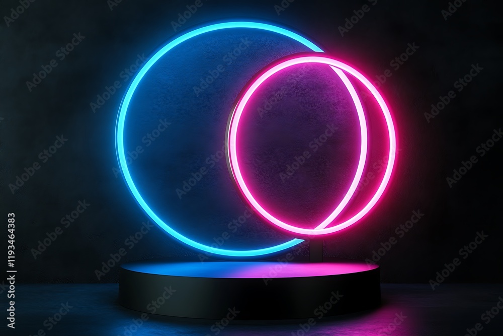 Neon Circle Display Podium with Dark Background Neon Circle Display Podium with Dark Background