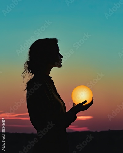 Woman Holding Sphere Against Beautiful Sunset Sky with Vibrant Colors and Silhouette Effect, empowered women celebration