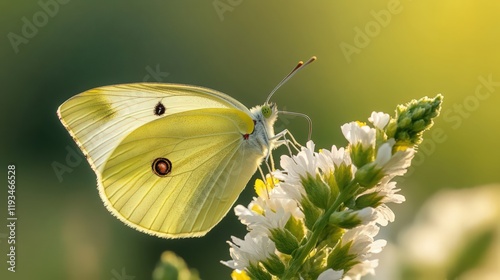 Close up of a beautiful yellow butterfly resting on white flower with soft lighting