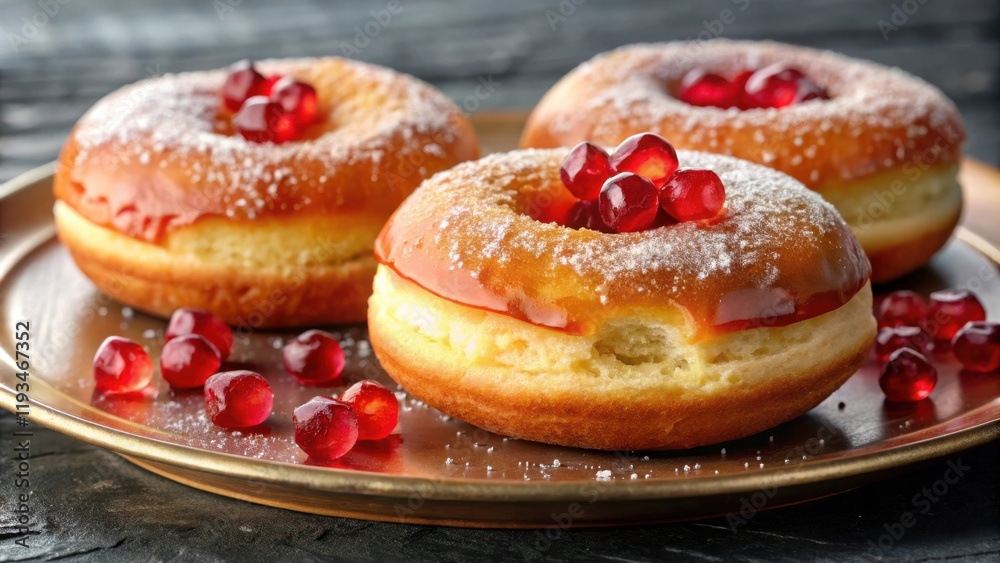 Glazed donuts with a sprinkle of powdered sugar and a topping of fresh pomegranate seeds on a gold plate Glazed donuts with a sprinkle of powdered sugar and a topping of fresh pomegranate seeds on a gold plate