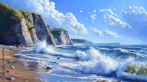 A breathtaking coastal landscape featuring dramatic white cliffs against a vibrant blue sea. The foamy waves crash onto a sandy beach, creating a dynamic interplay of water and shore. Soft clouds drif photo