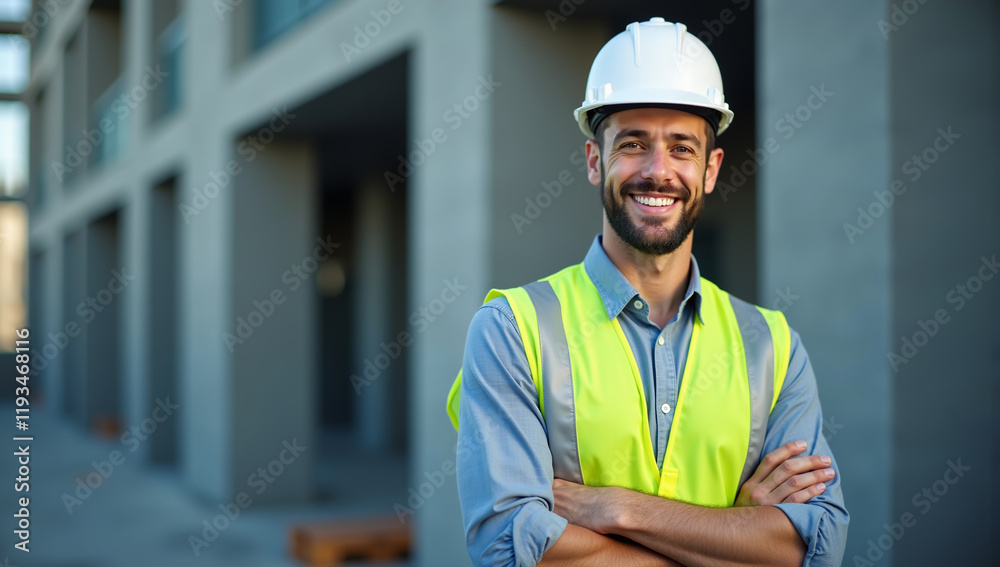 Male construction engineer portrait wearing helmet and safety vest - Generative AI Male construction engineer portrait wearing helmet and safety vest - Generative AI