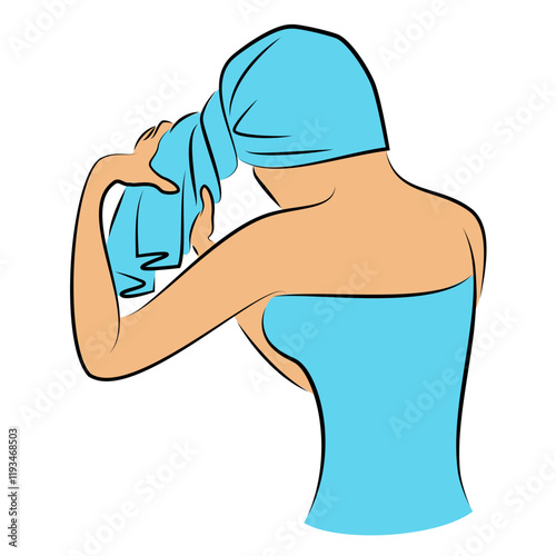 Silhouettes of a girl's head, she wipes her hair with a towel. Woman takes care of her body. Aesthetic outline for decor, posters, stickers, logo. Vector illustrations