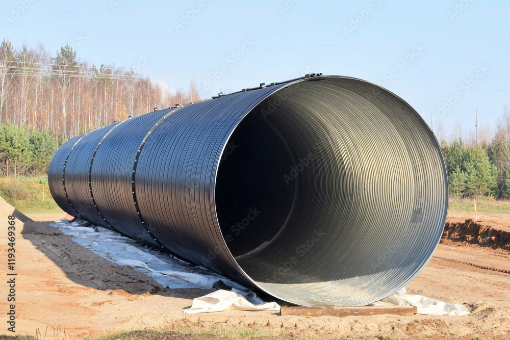 huge pipe laying under the highway at a construction site huge pipe laying under the highway at a construction site