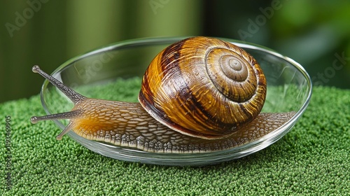 A close-up of a sleeping snail on a soft mossy surface, its smooth shell contrasting gently with the velvety green background. photo