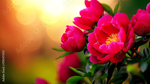 Gorgeous pink peonies in full bloom at sunset in spring garden, suitable for a banner with copy space.