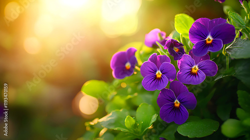Beautiful purple pansies blossoming in garden during sunset, creating a lovely summer banner with copy space.