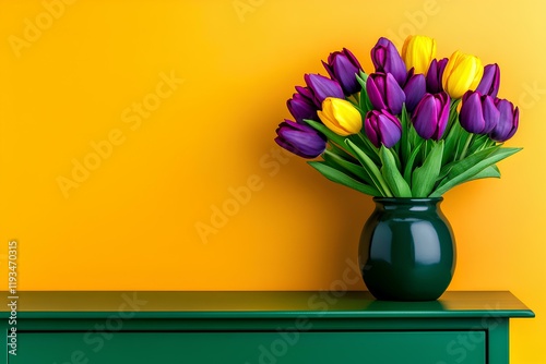 A vibrant bouquet of yellow and purple tulips in a vase, creating a lively contrast on a green wooden cabinet against yellow wall. Copy space.
