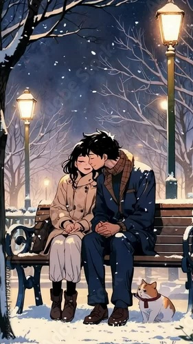 lofi anime girl, snow falling outside, lofi anime couple, 4K resolution, snow falling ambient, 4K Lofi Japanese Anime-style background animation video, christmas lofi, anime girl sleeping lofi, Lo-fi