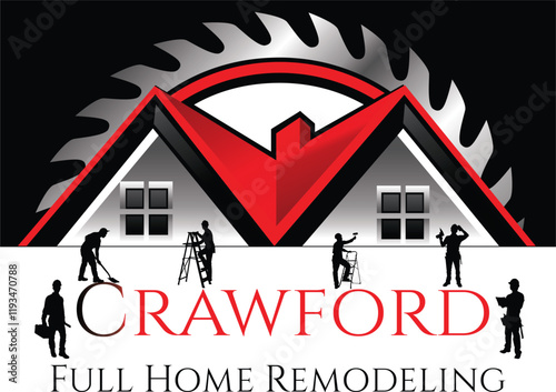 "Crawford Full Home Remodeling" showcases a stylized house with a red roof and a circular saw blade in the background Silhouettes of workers performing tasks like painting and using a ladder highlight