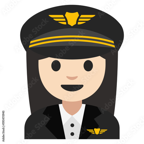Cartoon Illustration of a Smiling Female Pilot in Black Uniform with Yellow Winged Emblem