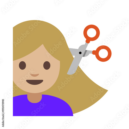 Cartoon Illustration of a Smiling Character with Long Brown Hair and Scissors Positioned for a Haircut