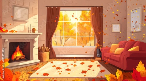 Autumnal living room with fireplace, falling leaves, and autumnal scenery outside photo