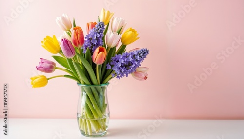 Vibrant bouquet of colorful tulips and grape hyacinths in a glass vase against a pink background