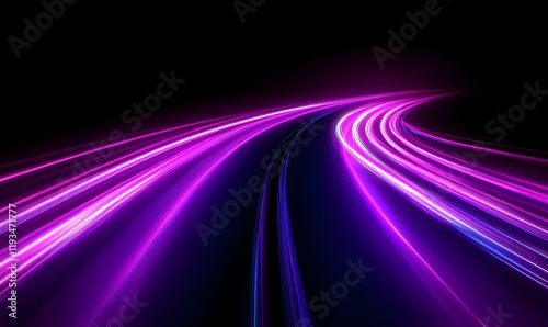Light speed neon road lines. Laser effect of moving stripes. Glowing trace from a car. Fast curved rays with flashes. Flow of yellow and red energy