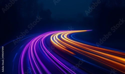 Light speed neon road lines. Laser effect of moving stripes. Glowing trace from a car. Fast curved rays with flashes. Flow of yellow and red energy
