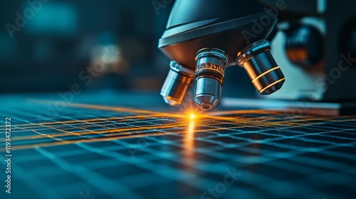 A close-up of bioengineered cells under a microscope, radiating colorful light, highlighting the exciting new era of biotech research and its potential in cellular manipulation.