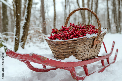A wicker basket filled with red berries sits on a red sled in a snowy forest. Concept of winter harvest and natural beauty. For seasonal greeting card.