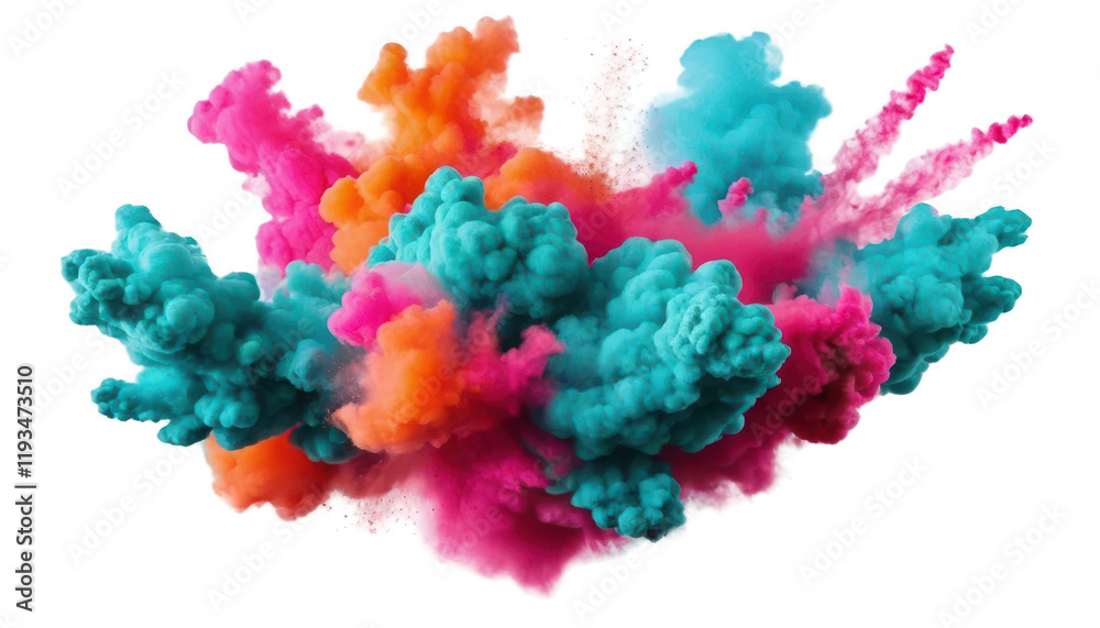 Naklejka premium Neon-colored powders (turquoise, hot pink, orange) exploding in mid-air with smoke bombs creating scattered, geometric smoke shapes, isolated on a white transparent background PNG.