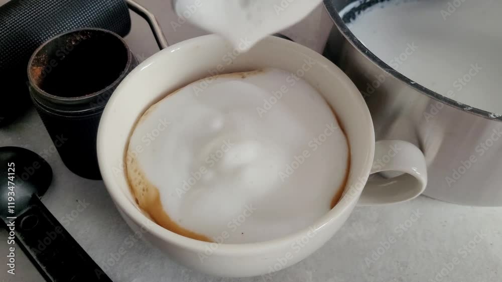 Thick milk foam is added to espresso cappuccino. Close-up of a spoon putting foam on coffee. Morning coffee concept. Bubbles and waves white on a gray tabletop coffee equipment, mill, monohrome Thick milk foam is added to espresso cappuccino. Close-up of a spoon putting foam on coffee. Morning coffee concept. Bubbles and waves white on a gray tabletop coffee equipment, mill, monohrome