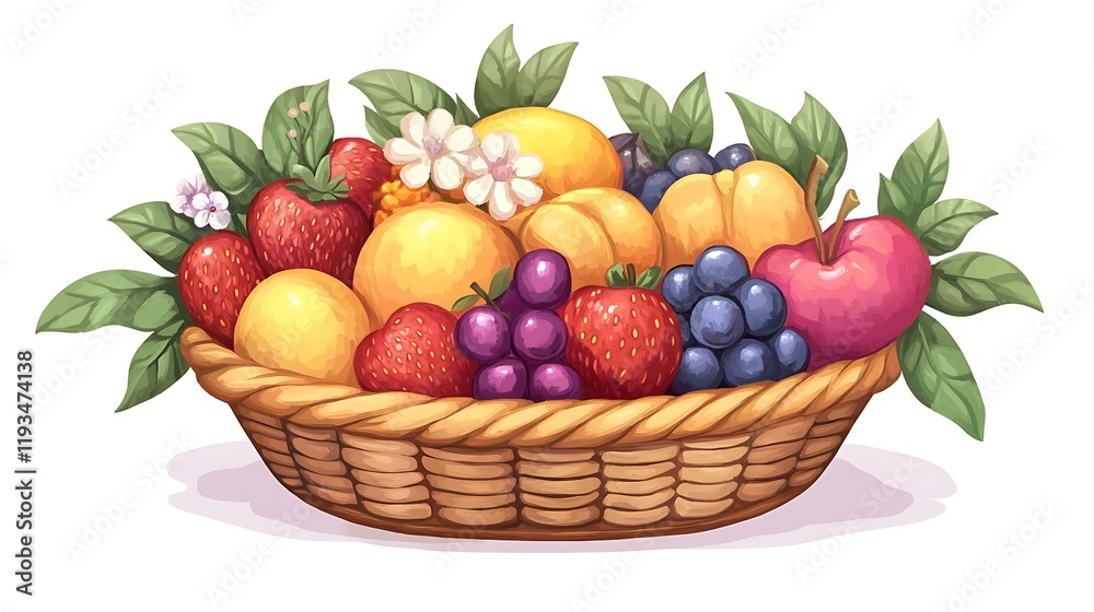 A basket of assorted fruits on a white background A basket of assorted fruits on a white background