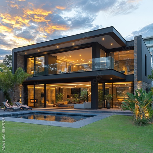 Modern luxury home with pool at sunset. photo