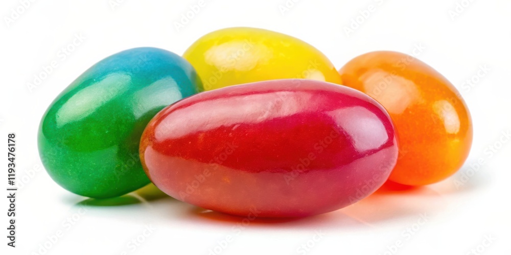 A cluster of brightly colored jelly beans, each with a distinct glossy finish, sits atop a white background.  The jelly beans are oval shaped, with a green, yellow, red, and orange hue.