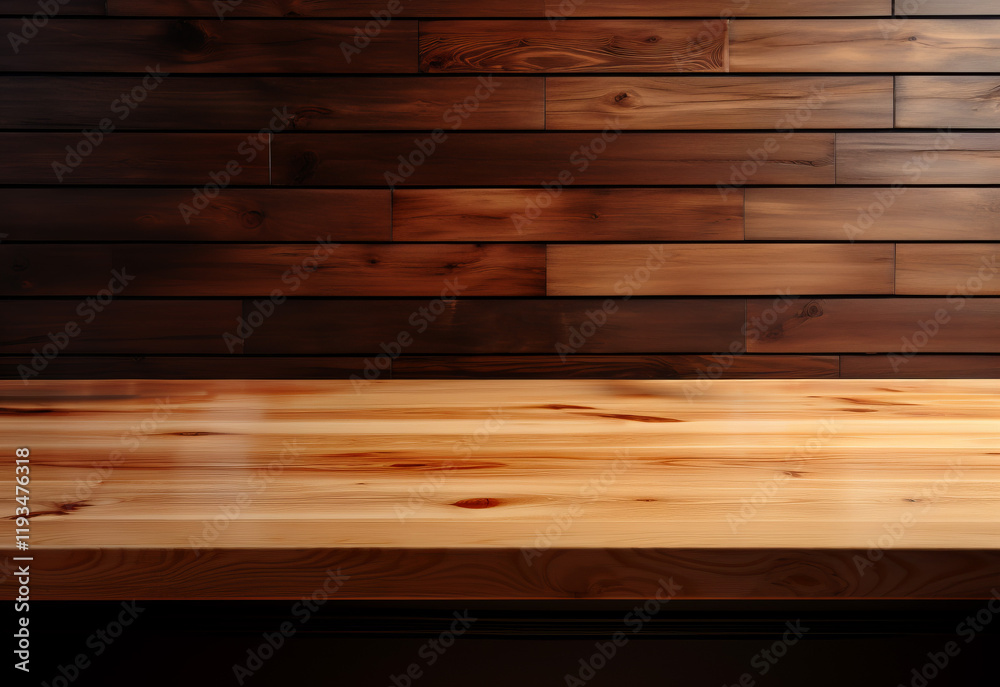 Wooden table with a smooth surface against a rich wooden wall in a cozy setting Wooden table with a smooth surface against a rich wooden wall in a cozy setting
