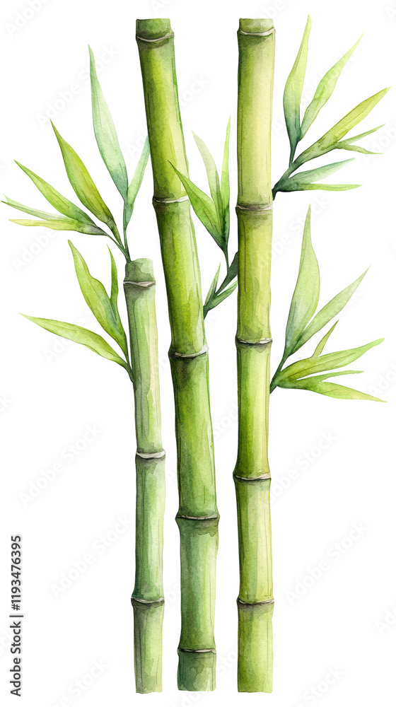 Fototapeta premium Green bamboo stalks with leaves in a watercolor style, natural detail and vibrant green hues, ideal for botanical themes and eco-friendly design projects. Isolated on transparent background, png.