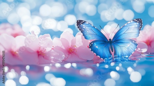 A poetic scene where a water butterfly flutters above a reflective lake, its wings made of liquid light, marking the moment of creation and the birth of life in a tranquil world.
